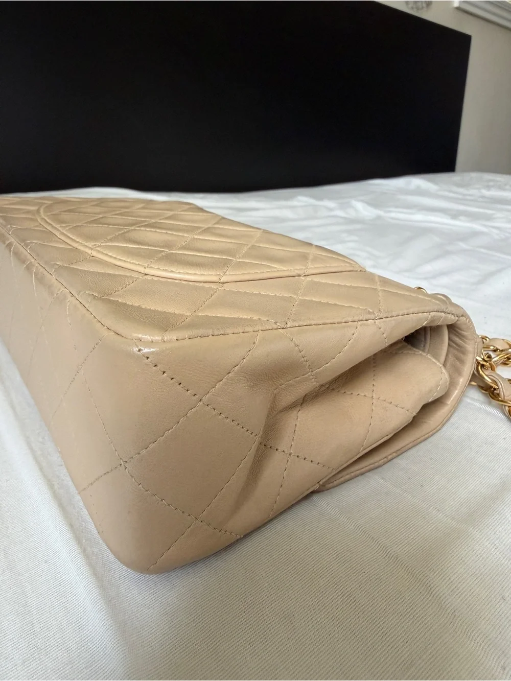 VIntage CHANEL Quilted Double Flap Shoulder Bag in Beige with Gold Hardware